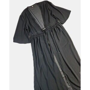 Swimsuit Cover-Up Black Sheer Womens L Long Kimono Style V-Neck Lace Waist Tie